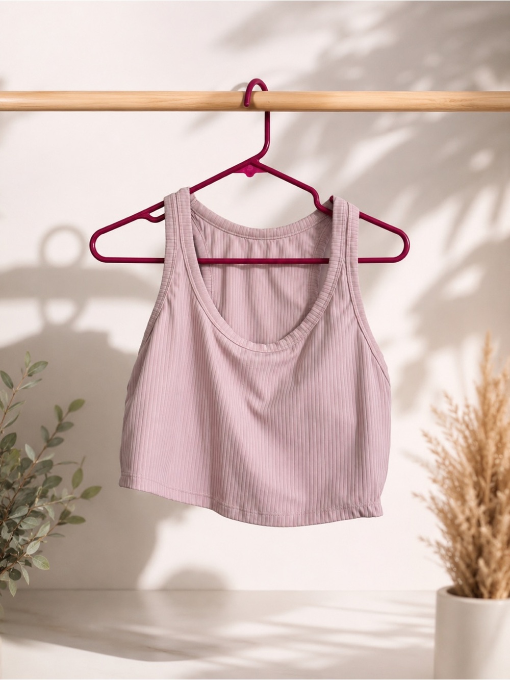 Ribbed Padded Sleeveless Crop Tank - Dusty Mauve